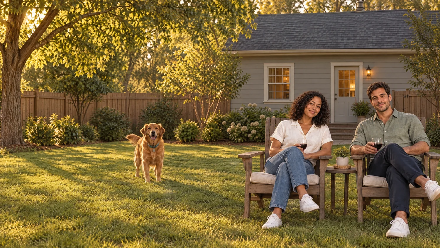 A couple relaxing outdoors while their dog enjoys the lawn