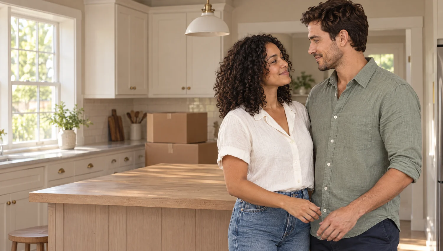 A couple smiling together in a bright home kitchen