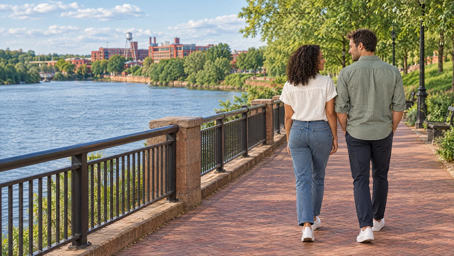 A couple enjoying a walk beside the river in Columbus