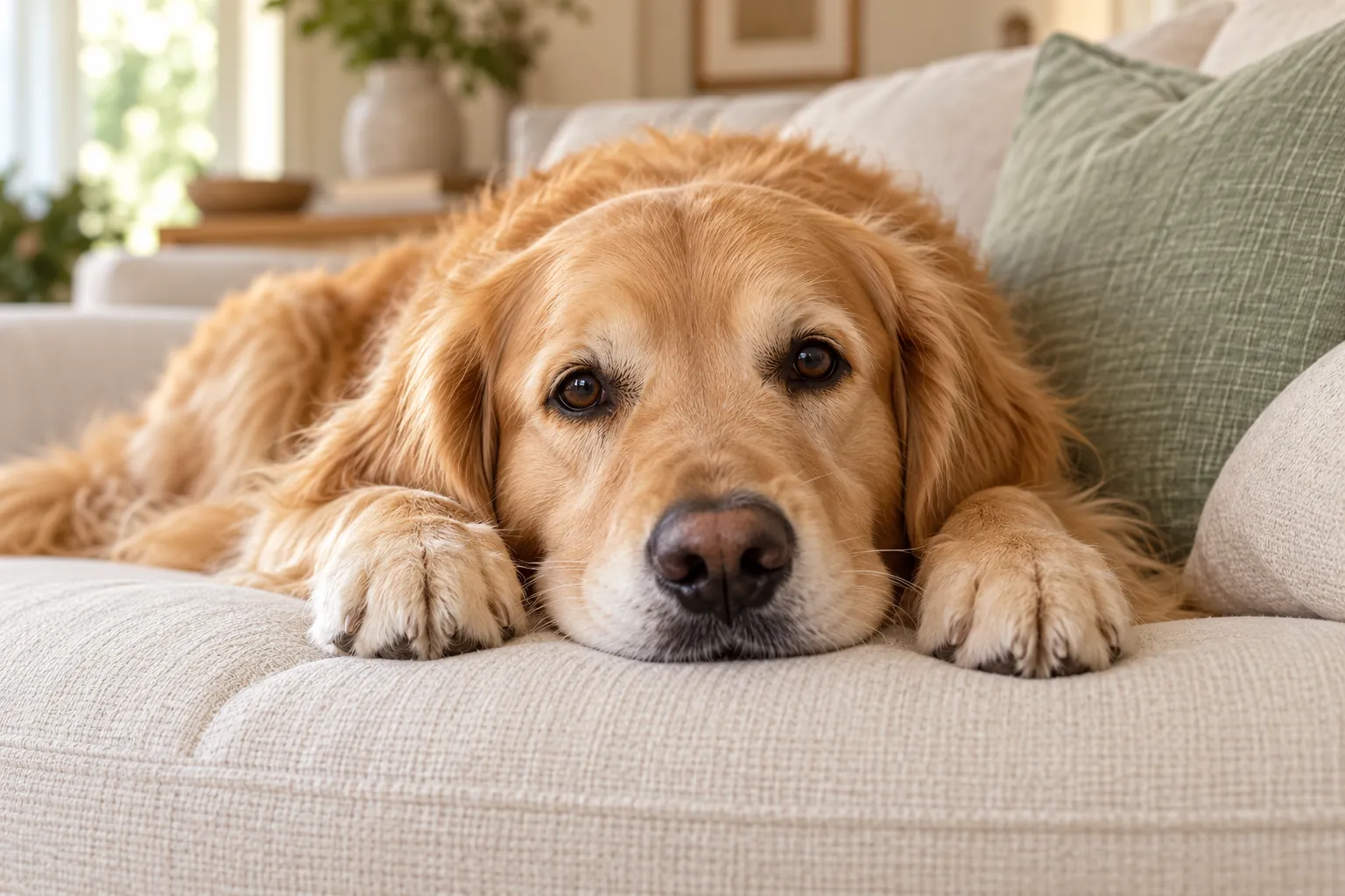 A golden retriever resting comfortably on a couch