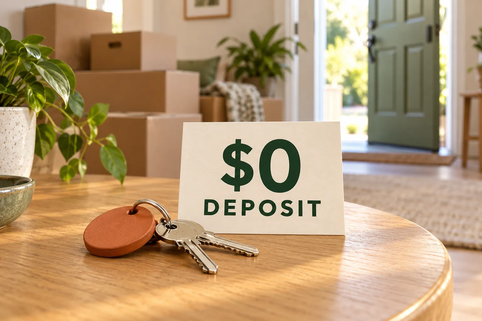 House keys beside a $0 deposit sign, with moving boxes in a new home